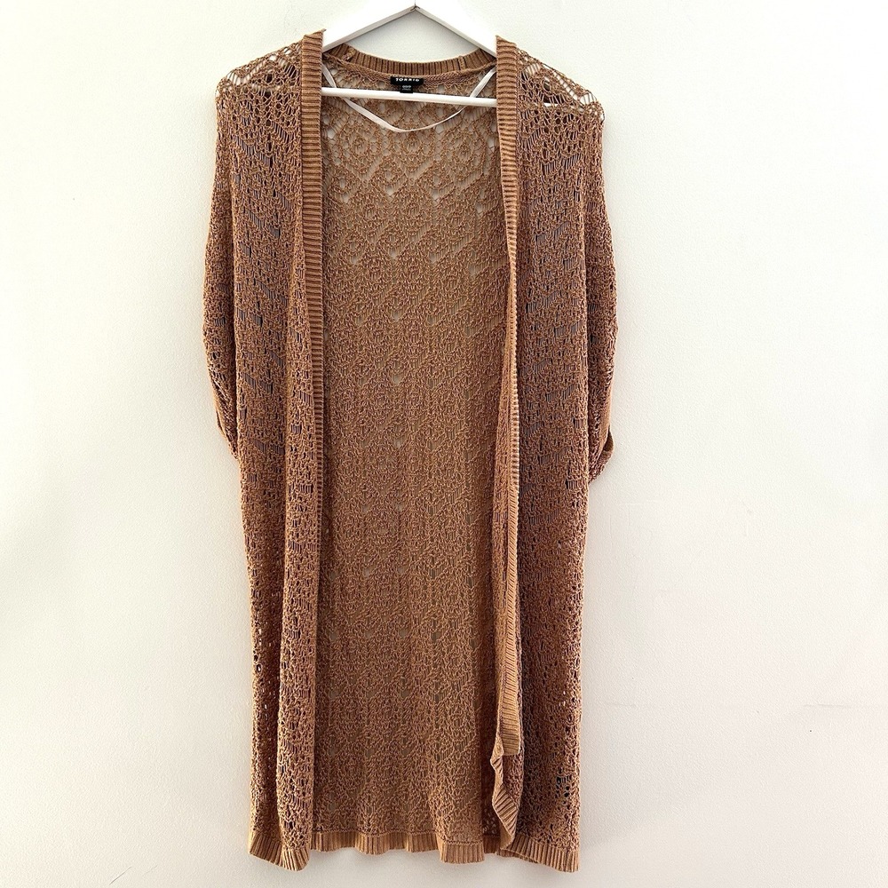 Torrid Crochet Duster Sz00/0 (M/L) Tan Open Front Kimono Layer Boho Festival